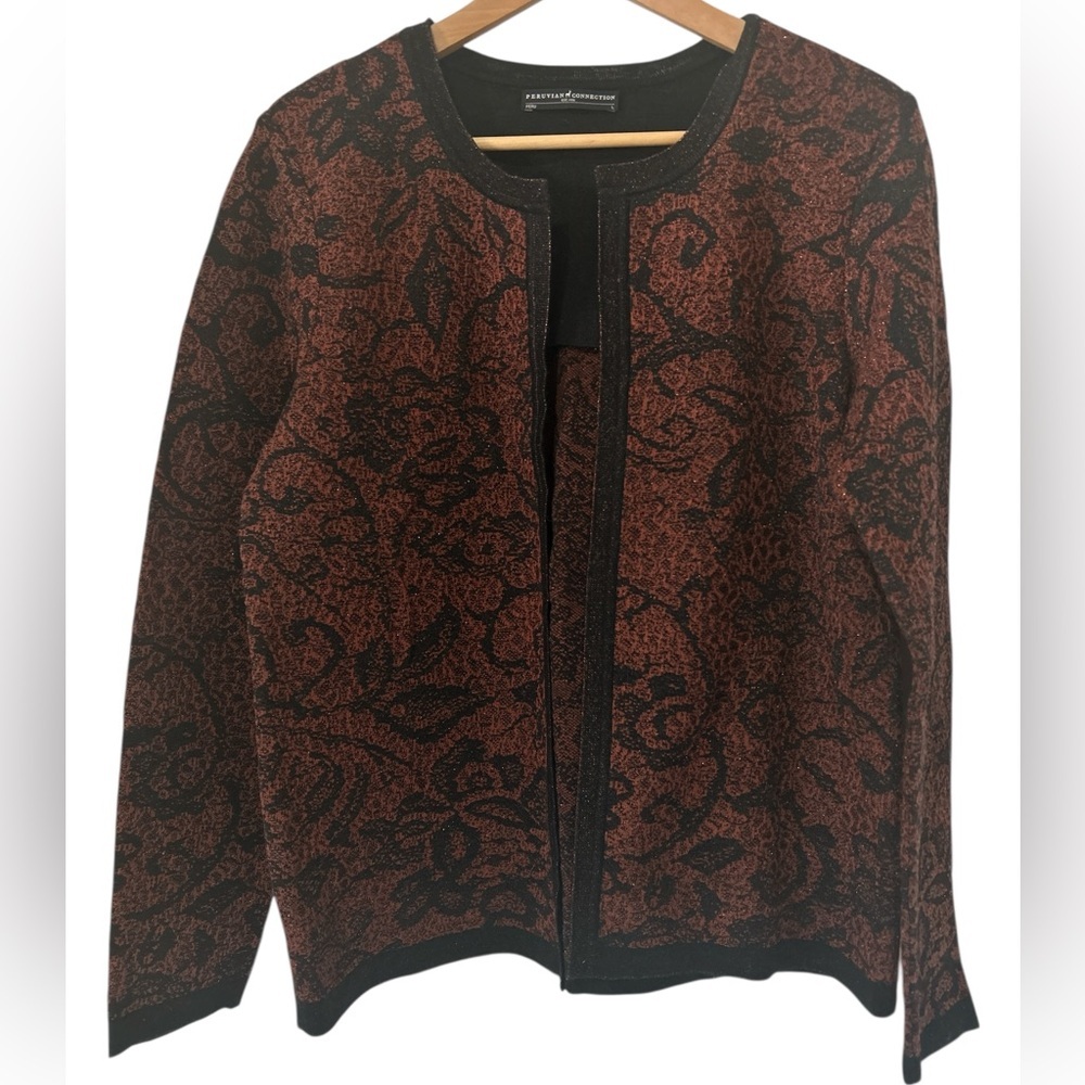 Peruvian Connection Rivoli Knit Jacket Cardigan Sweater in Black Brown Metallic